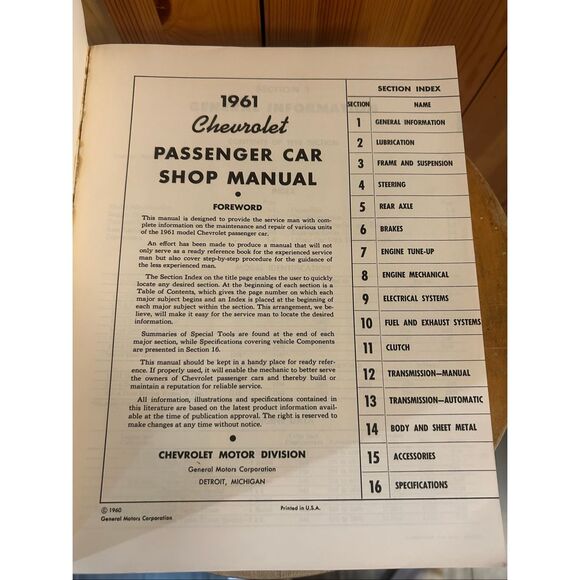 1961 CHEVROLET IMPALA BISCAYNE BEL AIR NOMAD ORIGINAL FACTORY SERVICE MANUAL (53 - Picture 7 of 8